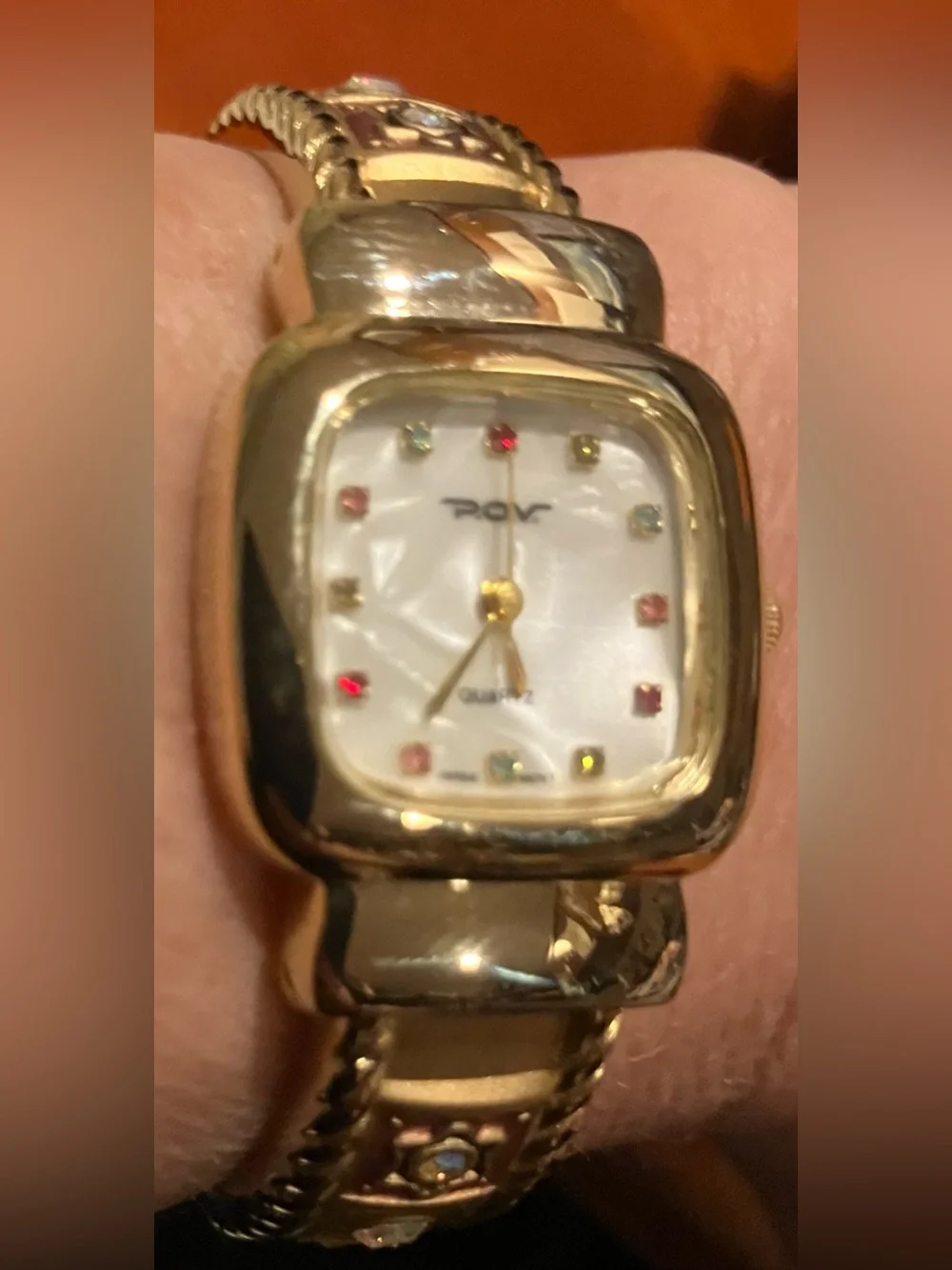 NEW Vintage POV Gold-Tone Square Face Quartz Watch with Jewel Accents